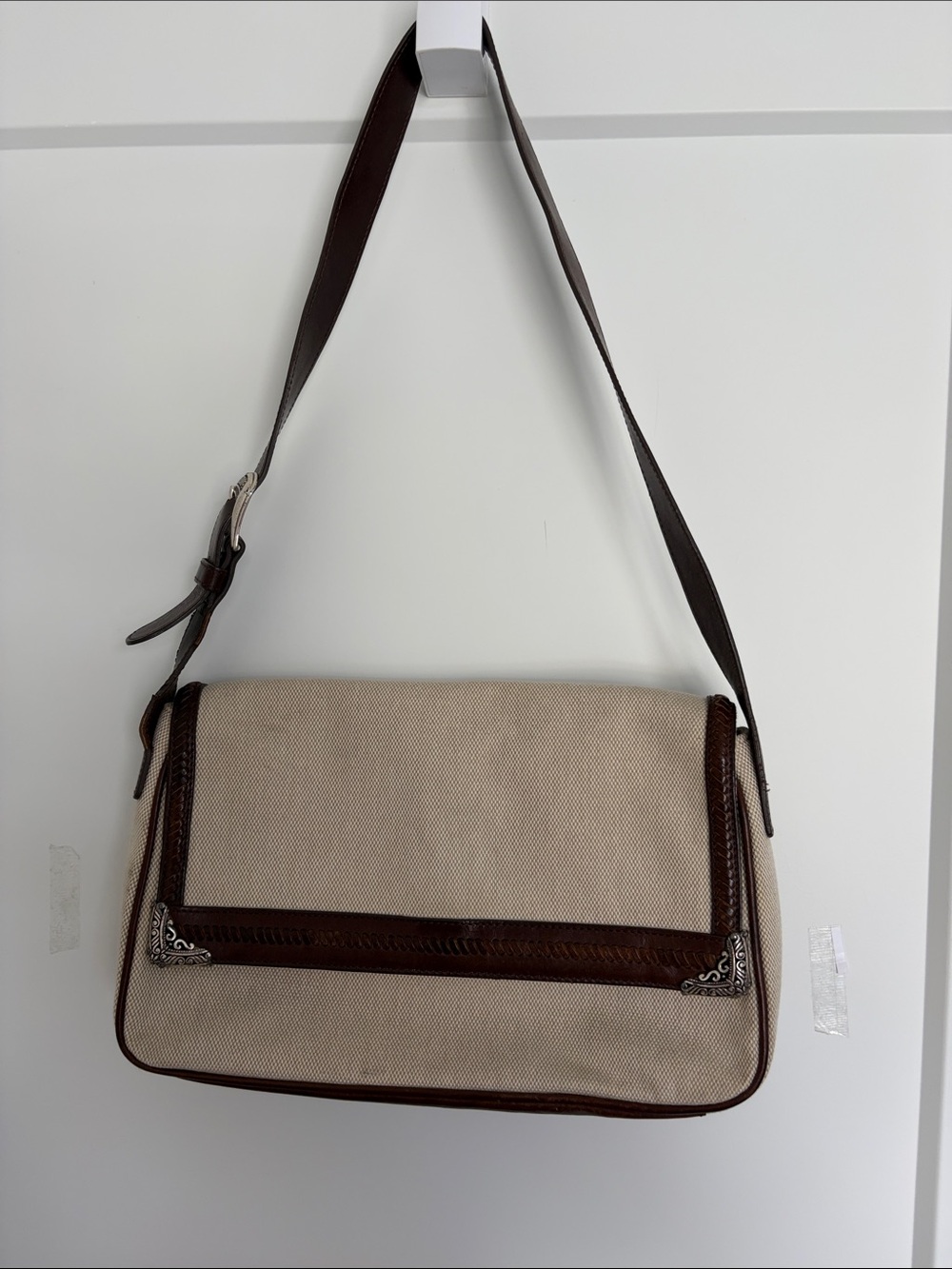 Fossil Beige Canvas and Dark Brown Leather Trim Shoulder Bag